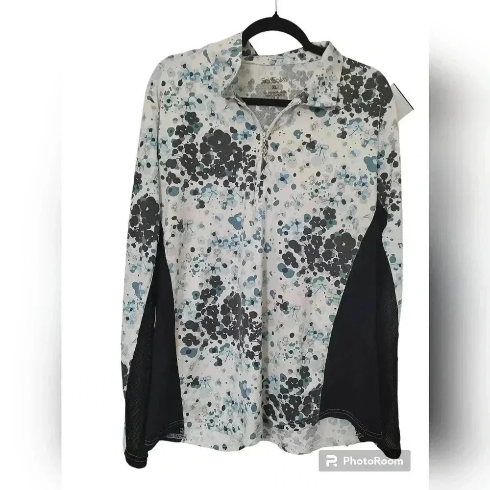 Sansole SolCool L/S Print Mock w/Swarovski Zipper Puller• UPF 50+ Sun Protection